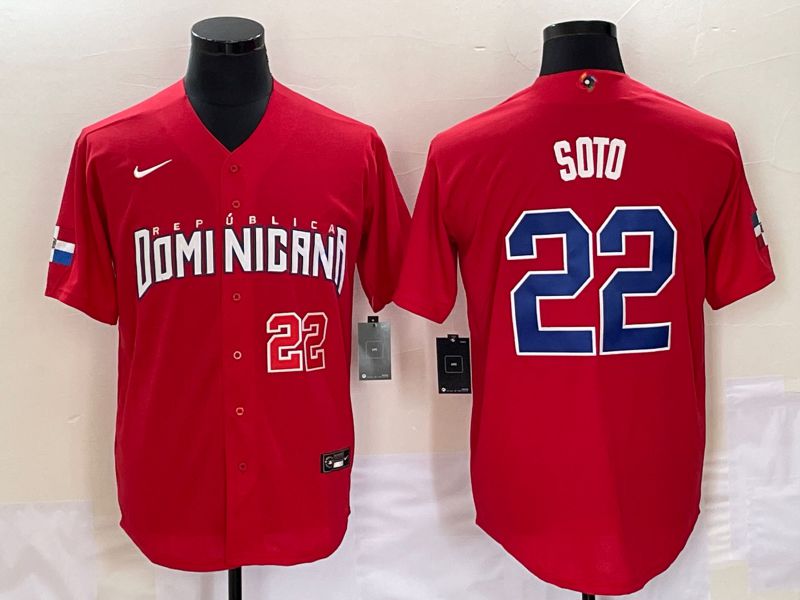 Men 2023 World Cub Dominicana 22 Soto Red Nike MLB Jersey2